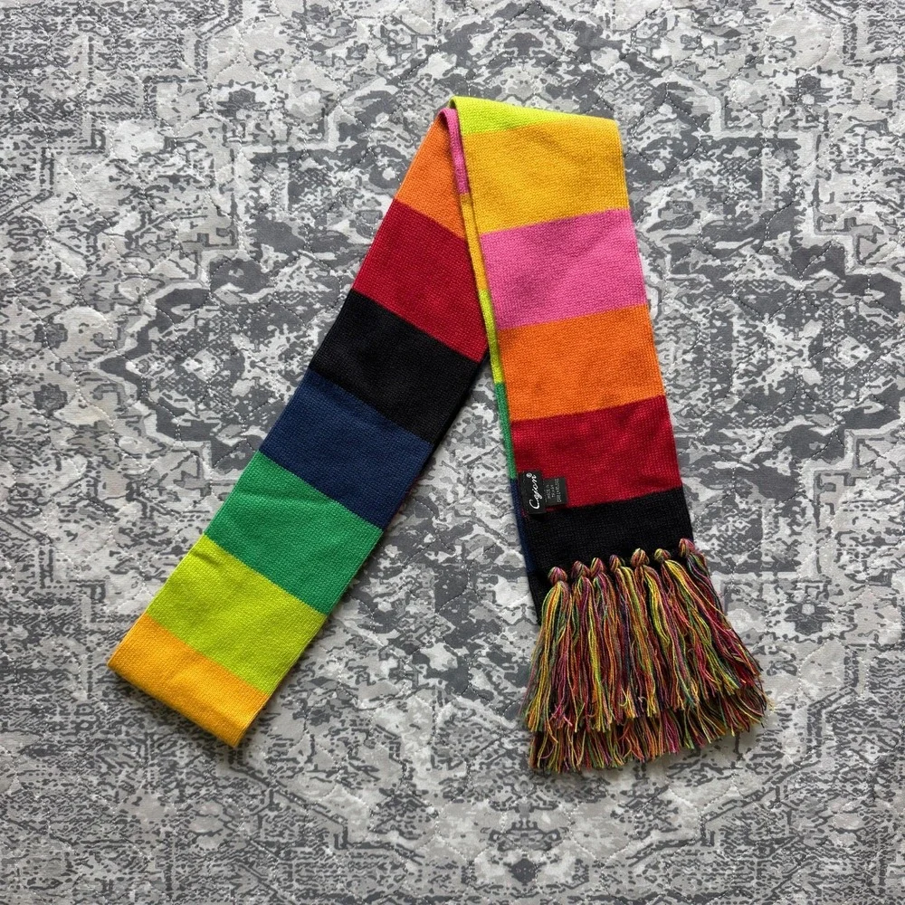 Cejon Colorful Scarf Multicolor Block Stripe Acrylic Winter Long Fringe Rainbow